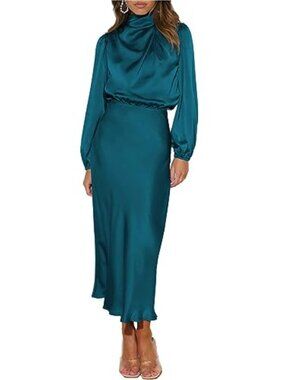 Women's Maxi Cocktail Dress Long Sleeve Satin Wedding Guest Formal Silk